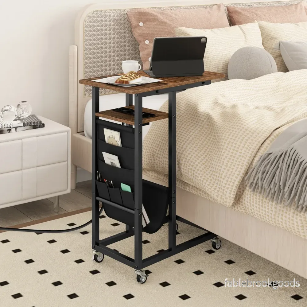 C – formad sidobord med laddstation och utdragbar bordsskiva sidoficka soffbord – Brun - Bild 3