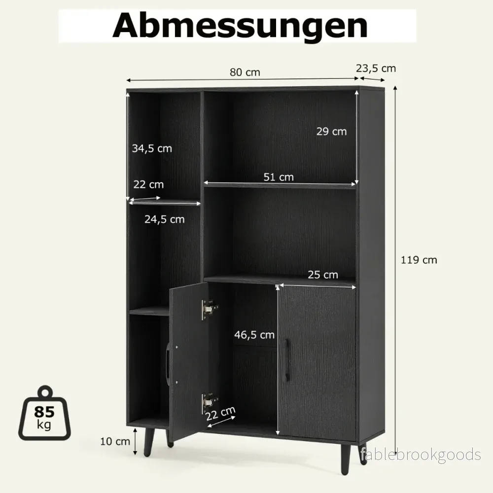 Bokhylla – med dörrar och öppna fack Stående Kontorshylla Sideboard – Svart - Bild 2