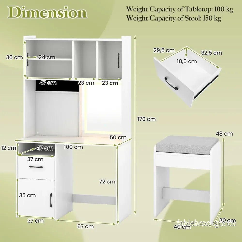 Sminkbord – med LED Belysning och Pall Eluttag Frisörbord Skönhetsbord – Vit - Bild 2