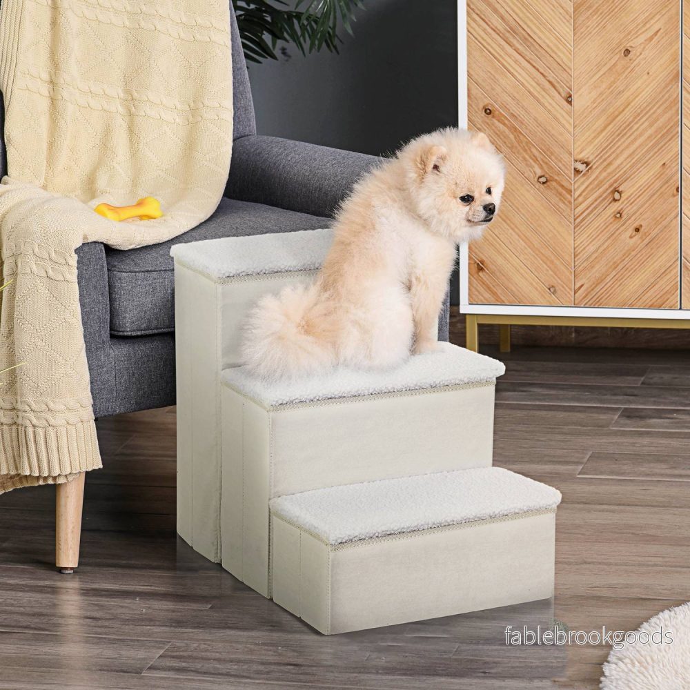 Vikbar husdjurstrappa med förvaring, 3 steg, MDF, vit - Bild 2