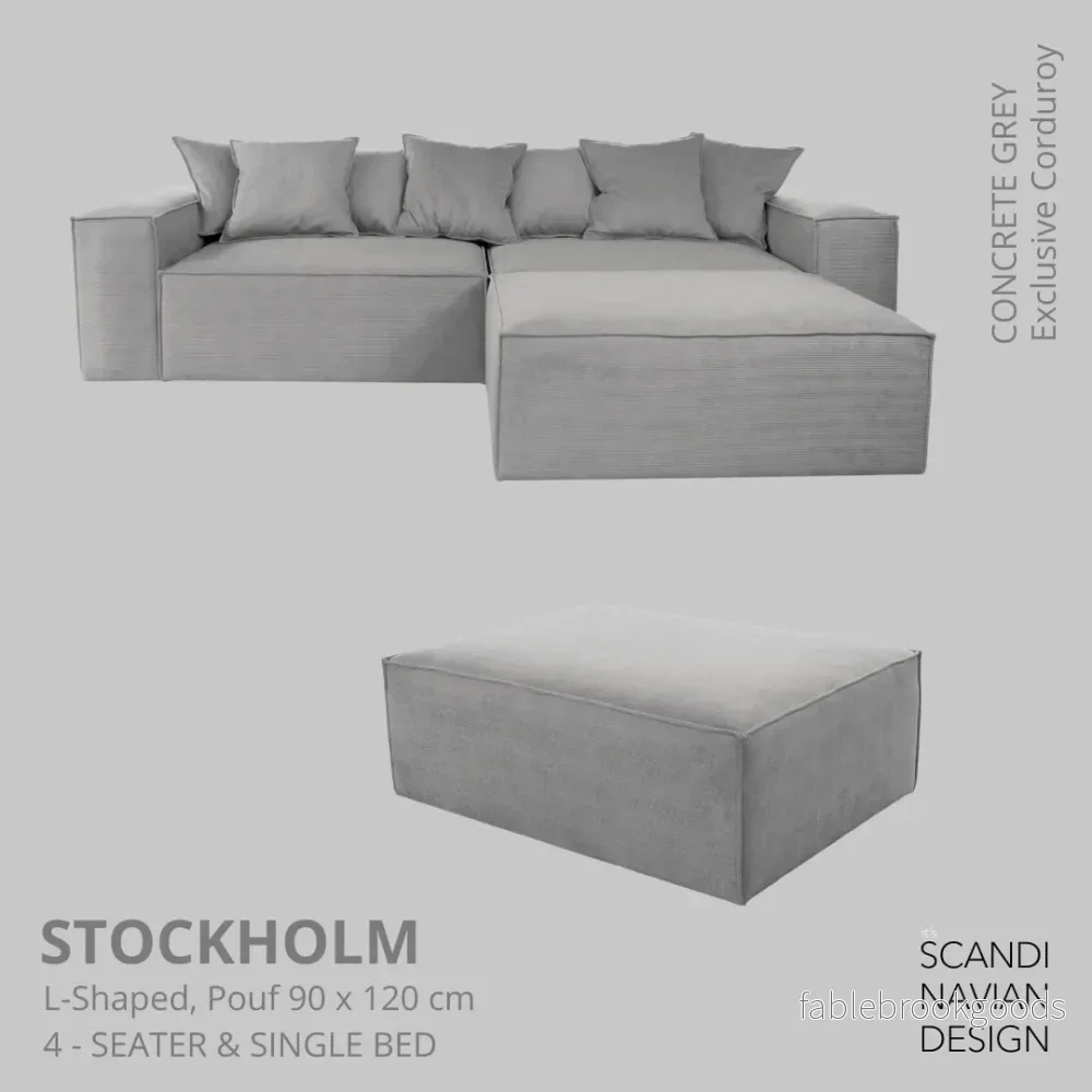 Stockholm L- Shaped sofa/single bed Exclusive Corduroy Concrete Grey removable & washable cover Stockholm L- Shaped sofa/single bed Exclusive Corduroy Concrete Grey removable & washable cover