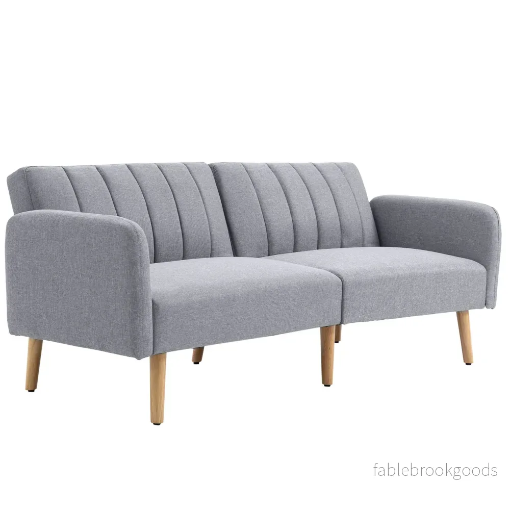 Grå 2-sits bäddsoffa, ställbart ryggstöd, träben