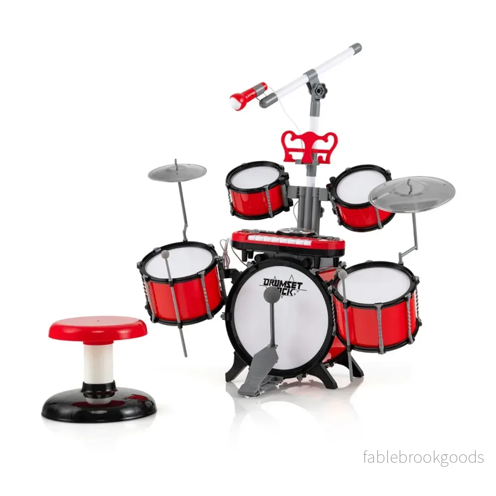 Trum – för barn med klaviaturpall Mikrofon Musikställ – Röd - Bild 2