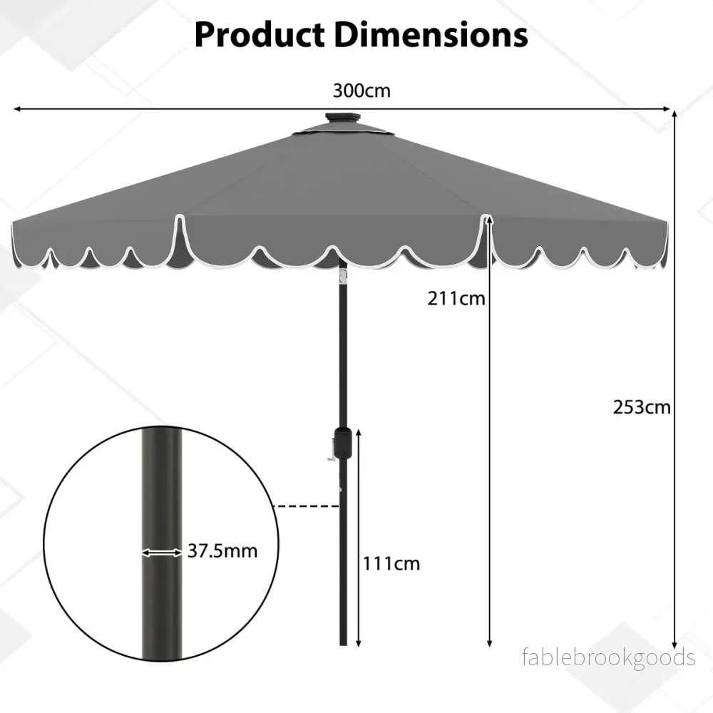 Parasoll – med LED belysning och vev volang, trädgårdsparassoll, marknadsparassoll – 300 cm – Grå - Bild 2