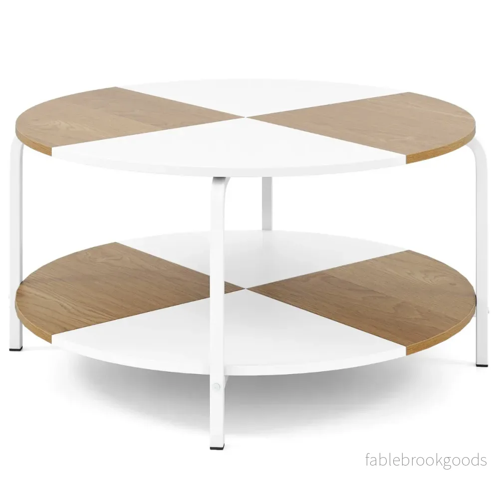 Runder – Couchtisch, Ablagefach, Metallgestell, Hölzerner Akzenttisch, Cocktailtisch, Weiß – Natur + vit
