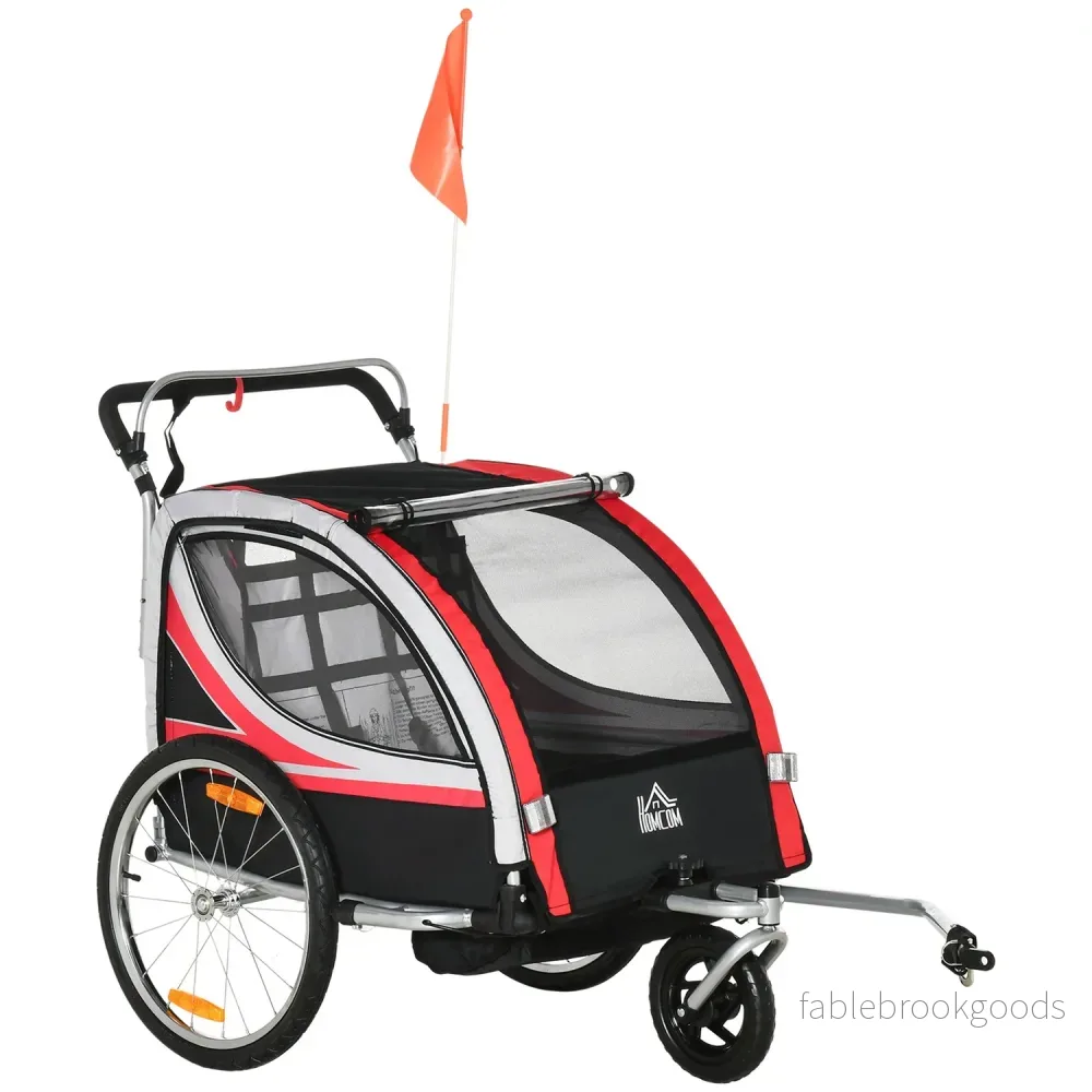 2-i-1 barncykelvagn med fjädring och broms, röd/svart