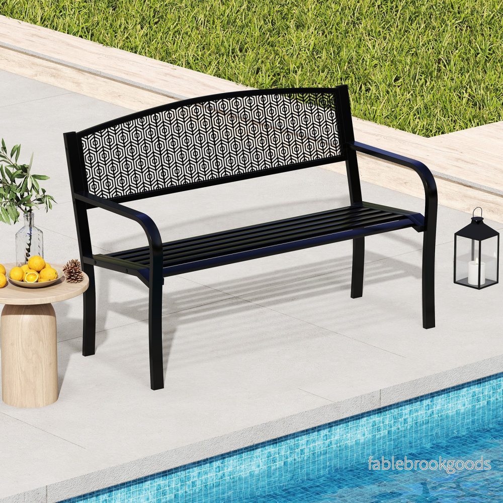Trädgårdsbänk – Metall Väderbeständig Sittbänk för Personer Balkongbänk med Armstöd – 2 128 x 60 x 86 cm – Svart - Bild 3