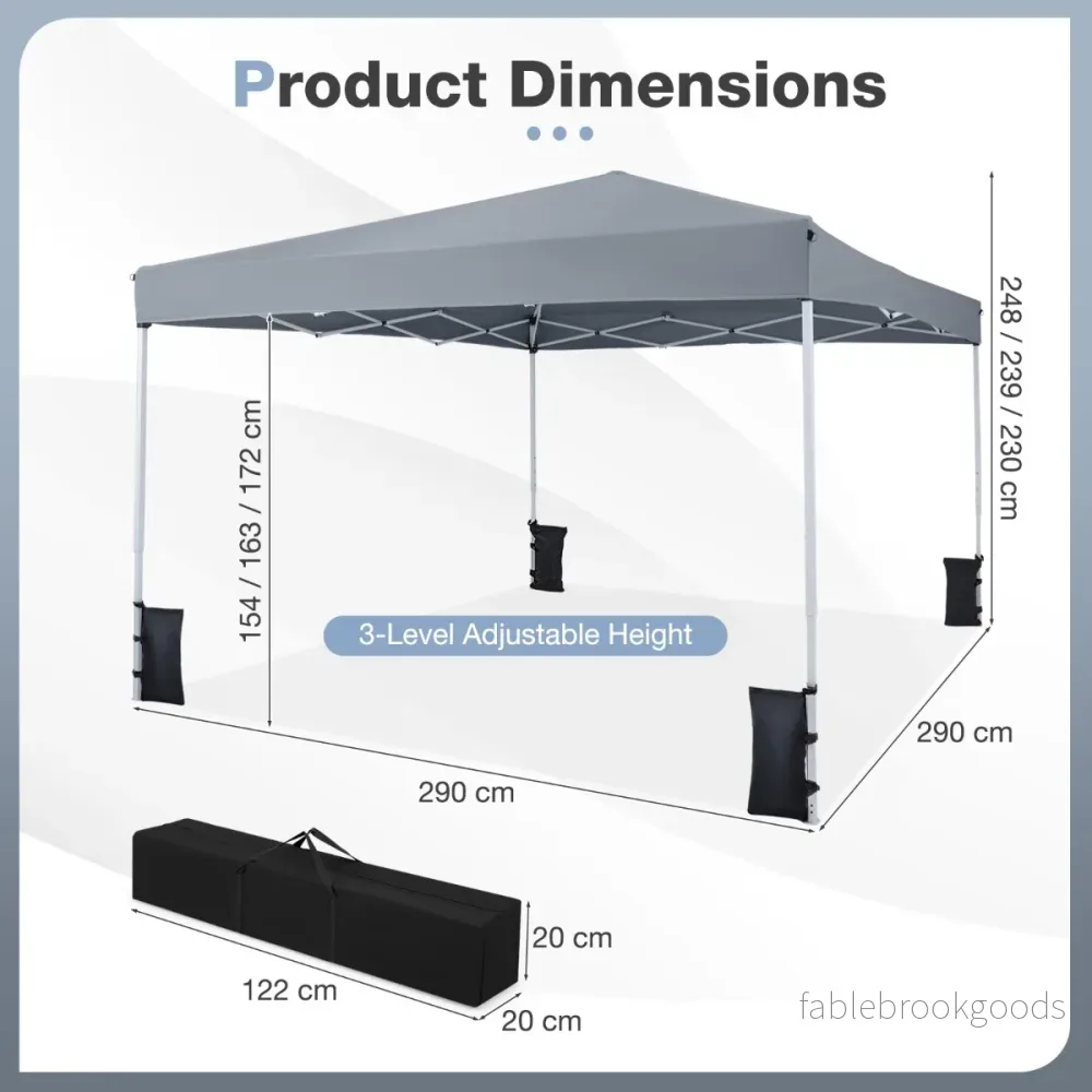 Pop – up paviljong, höjdjusterbar och hopfällbar, med tillbehör för camping strand – 290 x 290 cm – Grå - Bild 2