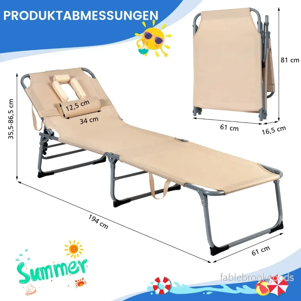 Justerbar – solstol Hopfällbar strandstol med kudde – 194 x 61 x 35,5-86,5 cm – Beige - Bild 3