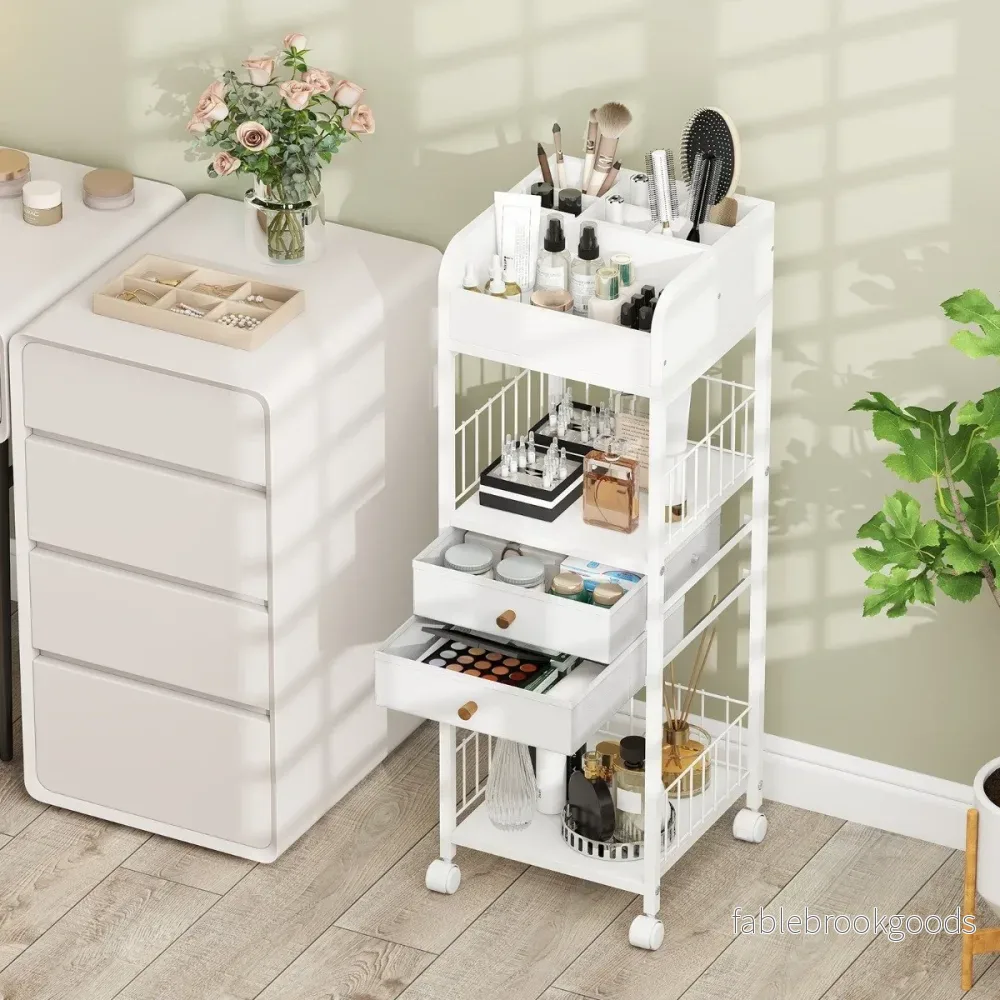 Makeup – förvaringsvagn med lådor och hjul hyllor kosmetikorganisatör – Vit - Bild 3