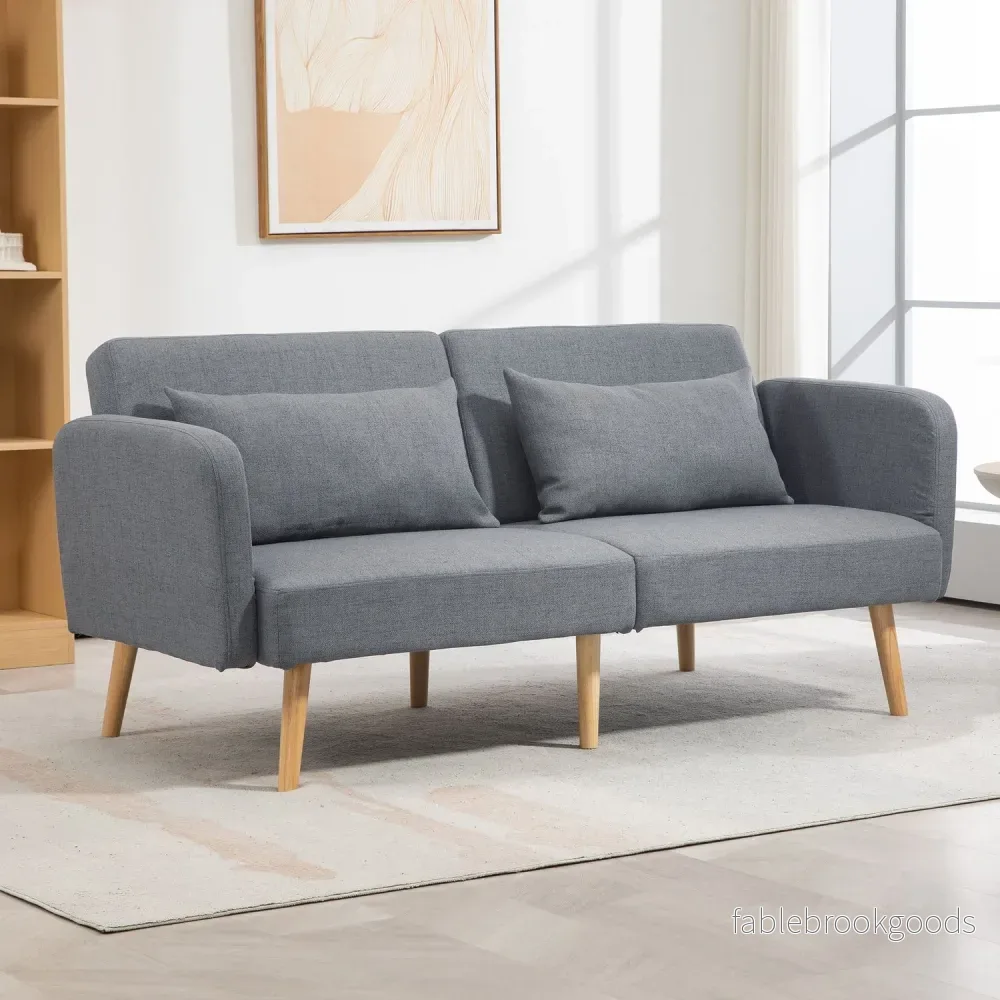 Grå 3-sits bäddsoffa, justerbar rygg, linnelook - Bild 2