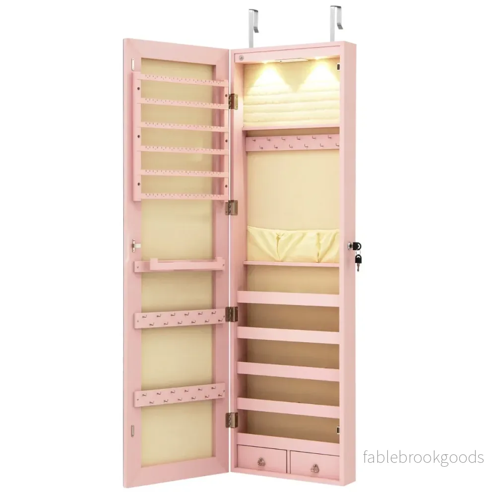 Smyckeskåp – med LED belysning Smyckeshylla spegel Låsbart – Rosa