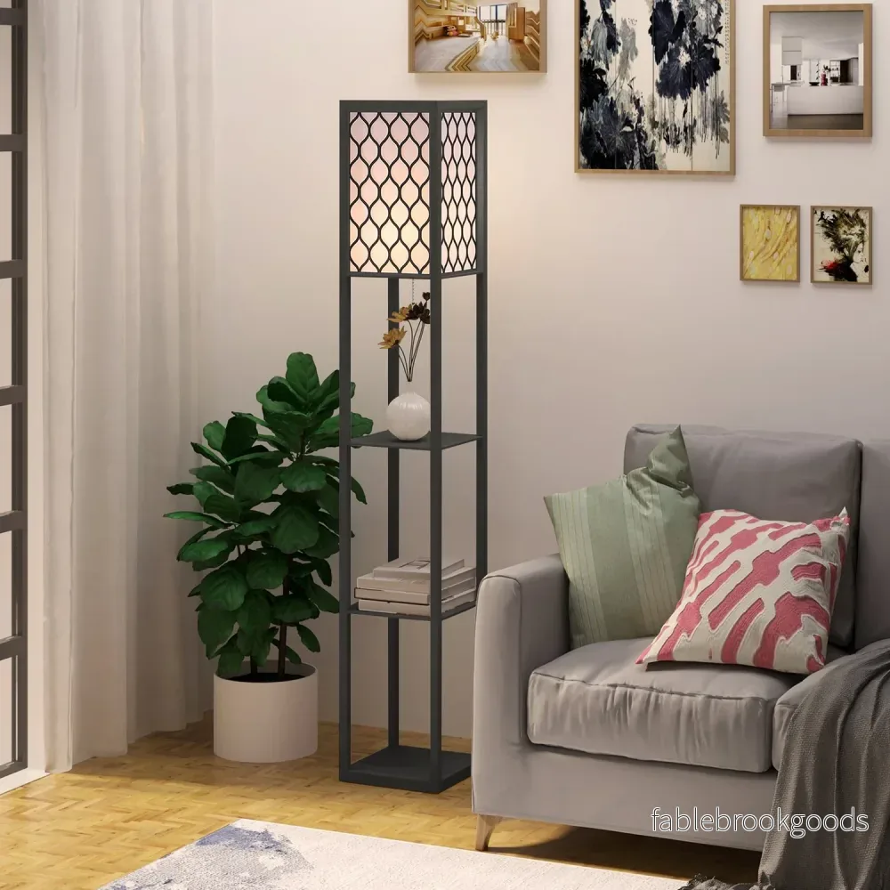 Golvlampa med hyllor – svart trä, 160cm, E27 40W - Bild 2