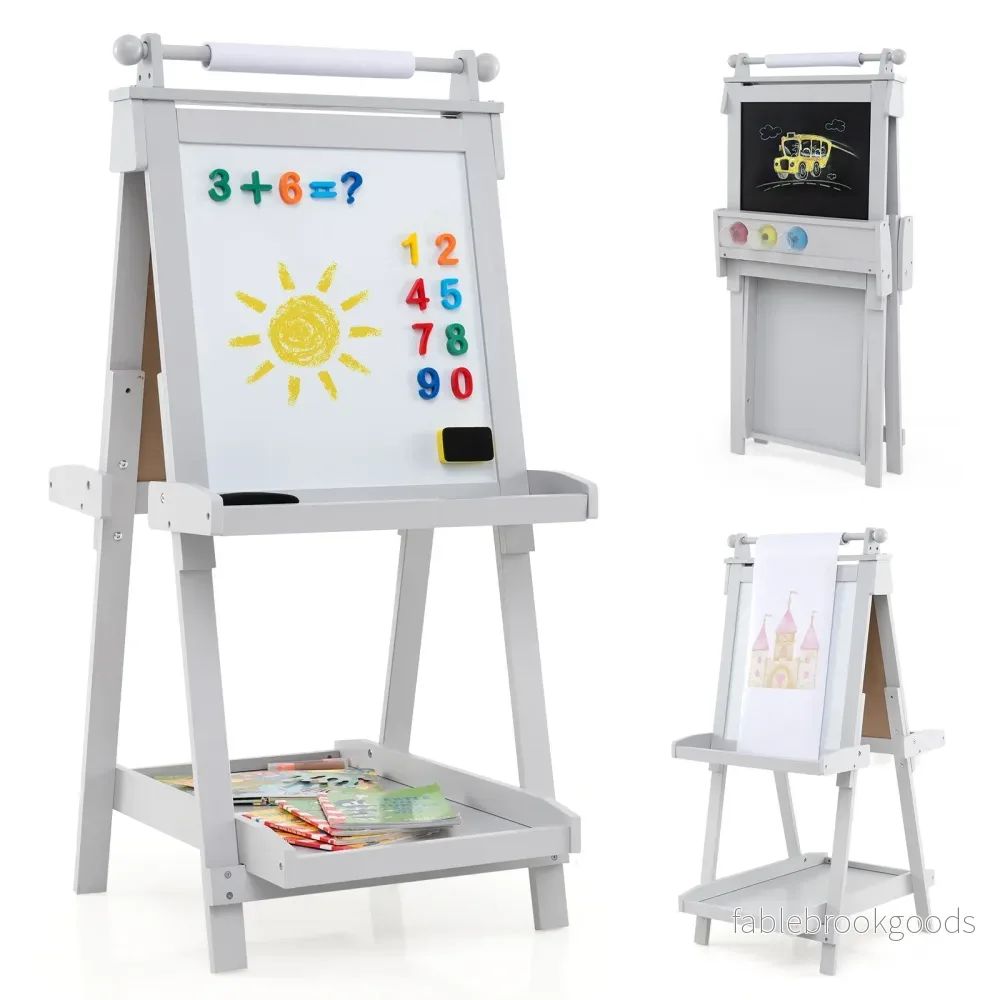Barn – H höjdjusterbart tavla med whiteboard och magnetisk hopfällbar staffli – Grå