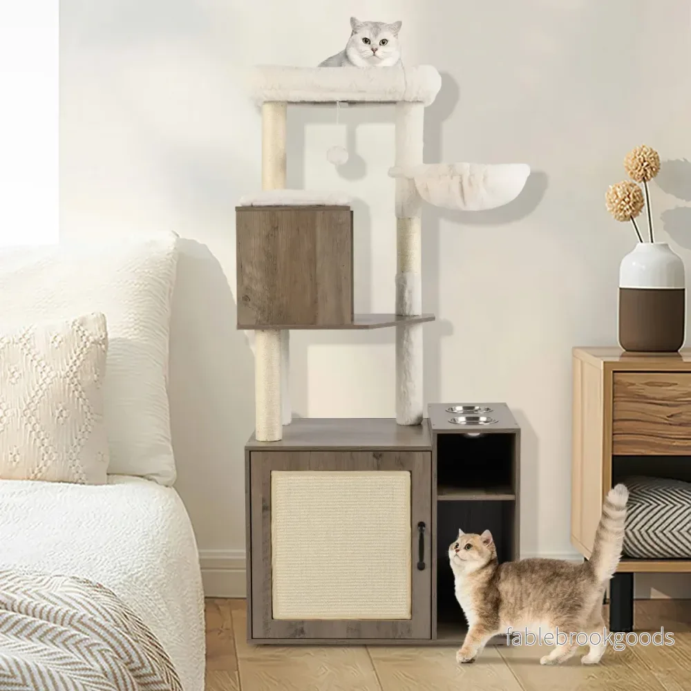 Kattmöbel – med klösstång Kattorn sisal Klösmatta och hängande boll Kattklätterträd – Grå - Bild 3