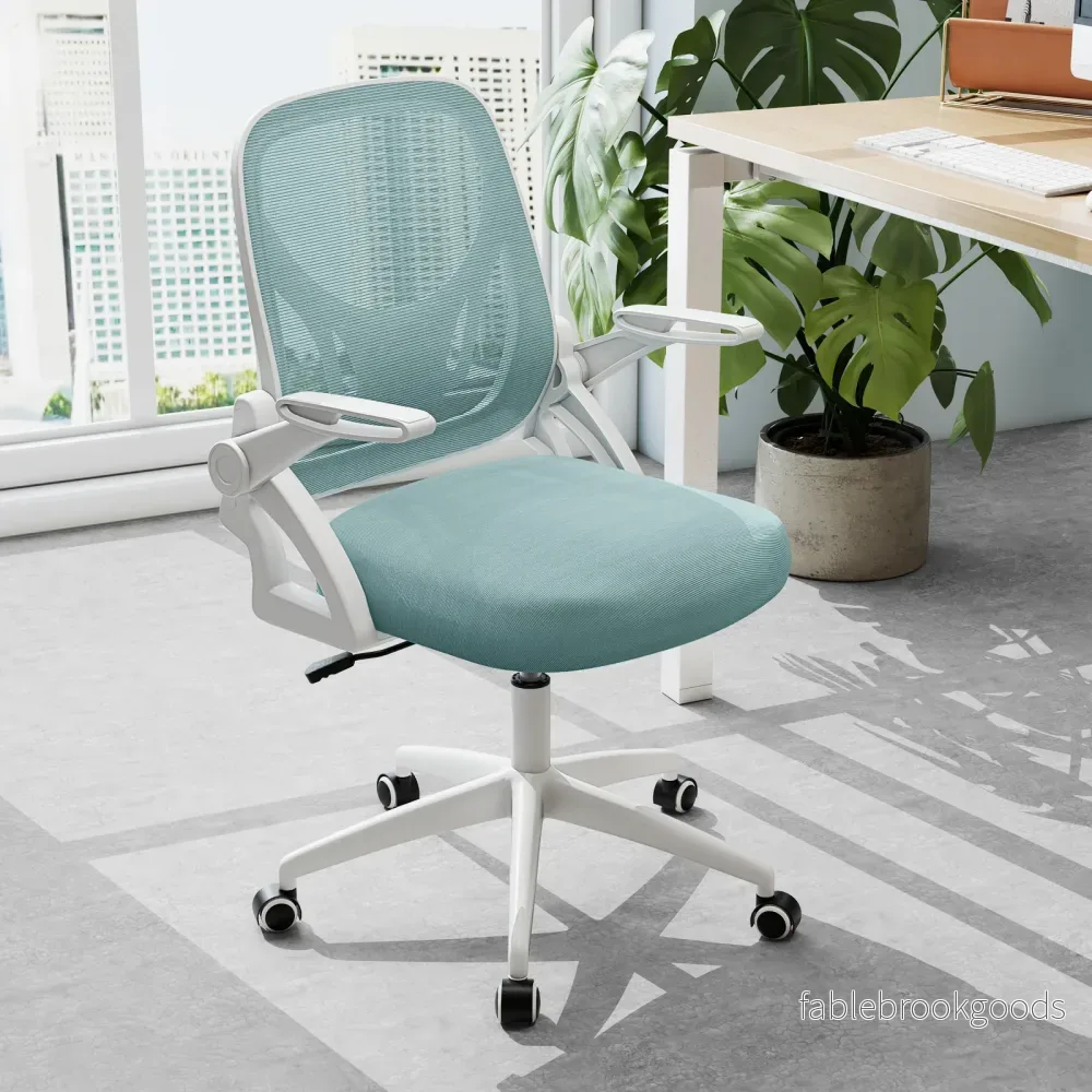 Ergonomisk – kontorsstol med fällbara armstöd och gungfunktion, skrivbordsstol – Blå - Bild 3