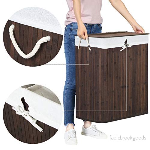 Tvättkorg – Bambu tvättsorterare med lock och avtagbar påse – Brun - Bild 3