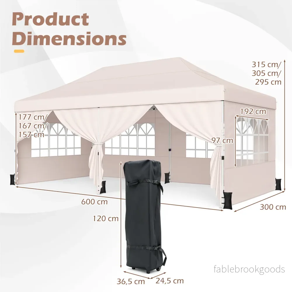 Hopfällbar – paviljong med fyra sidoväggar höjdläsbar pop up – 3 x 6 m – Beige - Bild 2