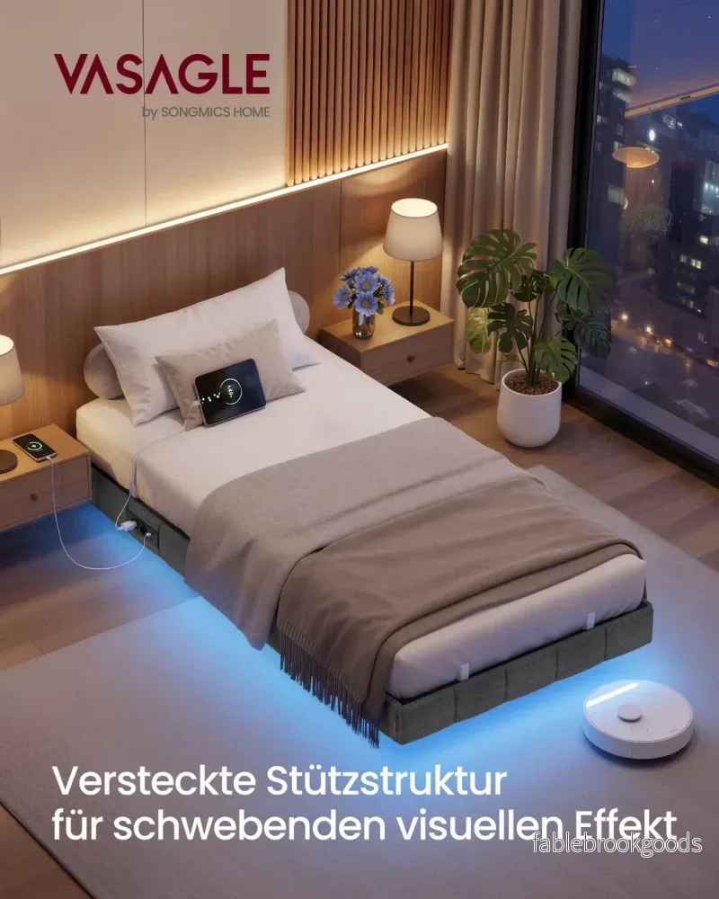 Bedframe - 200 x 90 x 26 cm - zwevend effect - leigrijs - draagvermogen tot 250 kg - met ledverlichting, 2 stopcontacten, 2 USB-A-poorten, 1 USB-C-poort - Bild 2