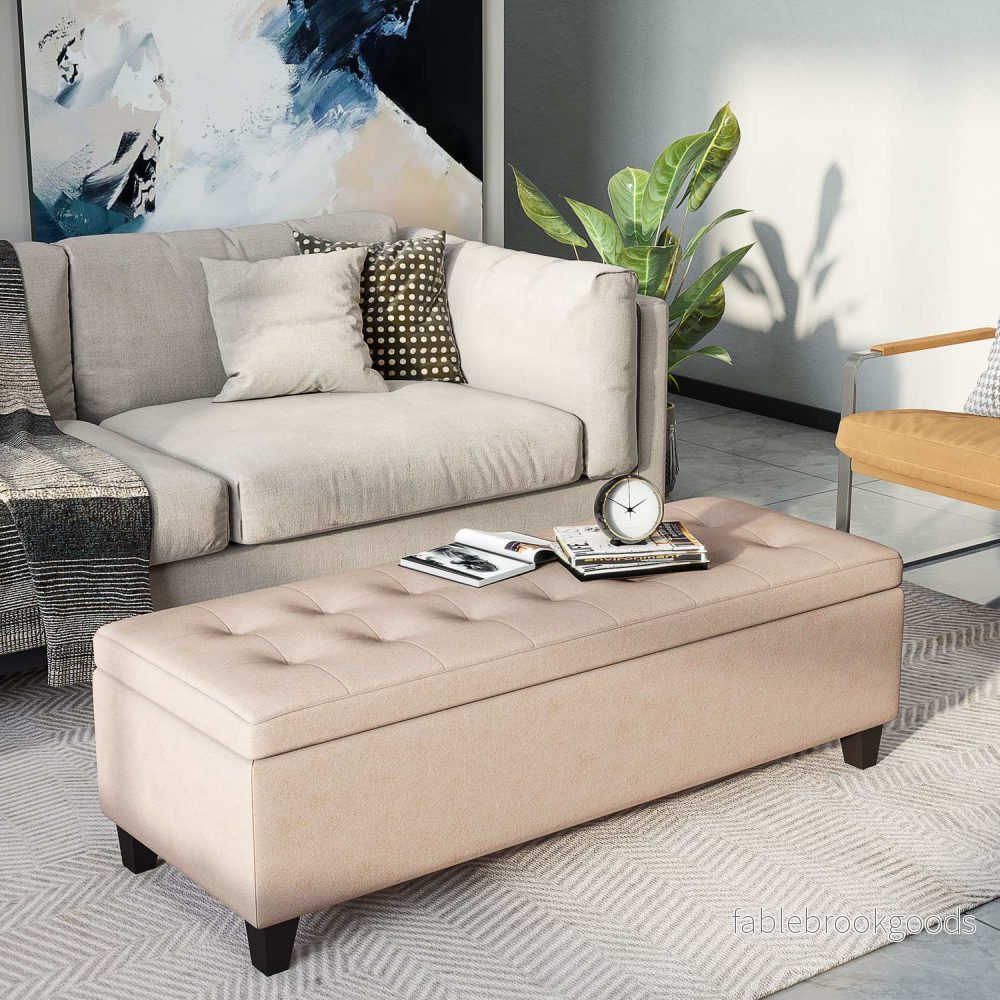 Klädd förvaringsbänk – linnelook, beige - Bild 2
