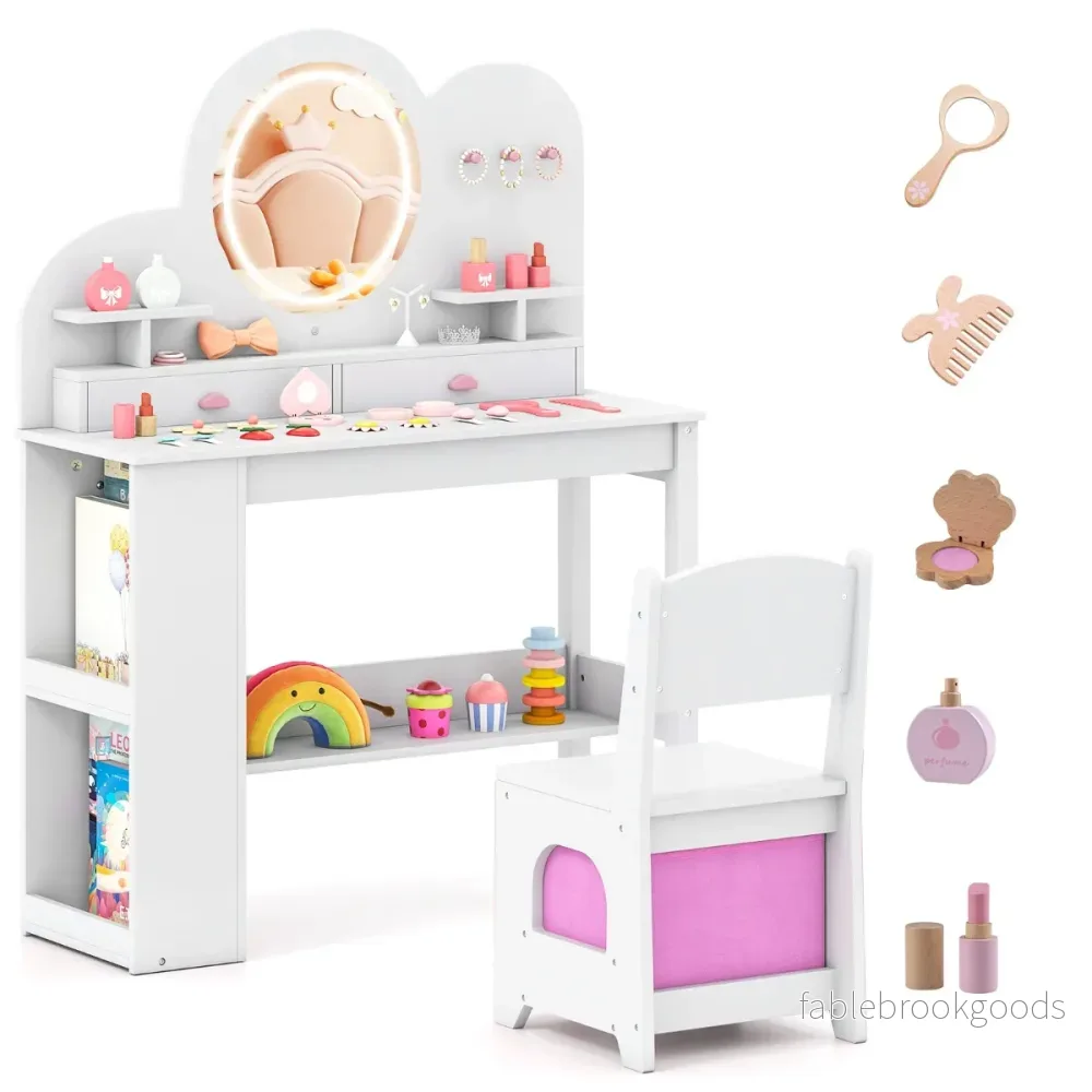 Barnsminkbord – med belysning Prinsessans frisörbord och stolsset lådor Vitt – 2 – Vit