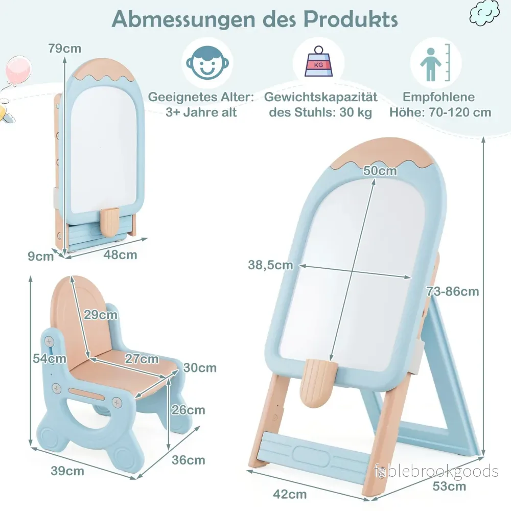 Barnstaffli – med stol, justerbart och hopfällbart barnbord whiteboard förvaringslåda – Blå - Bild 2