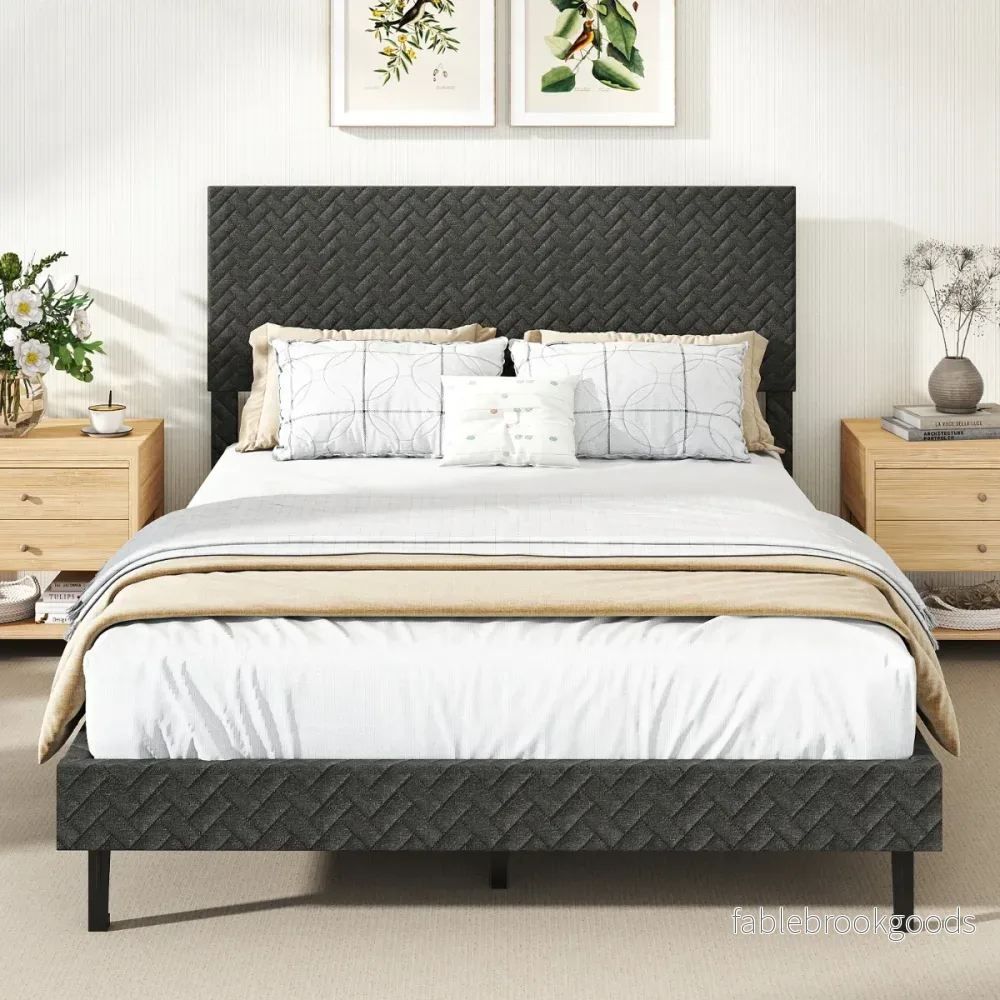 Sammetssängram – med höjdjusterbart chevron huvudgavel Vadderad – 140 x 200 cm – Grå - Bild 3