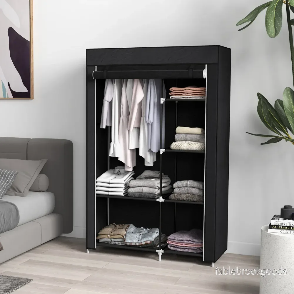 Tygfällbar garderob, 6 fack, svart, 103x43x162,5 cm - Bild 2