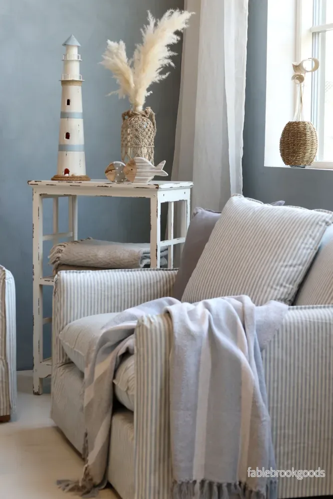 Linneklädd 1-sits fåtölj Malo Ljusblå Creme Randig - Chic Antique - Bild 2