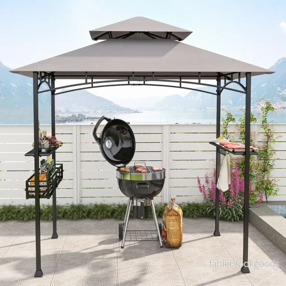 Grillpaviljong – med dubbelt tak och sidobord metallkorg grillöverbyggnader grillskydd – Grå - Bild 3