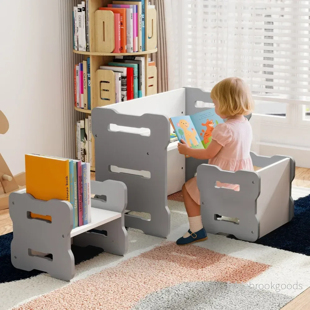 DEL. – Barn Bord och Stol Set med Pall Rundad Hörn Design – 3 2 – Grå - Bild 3