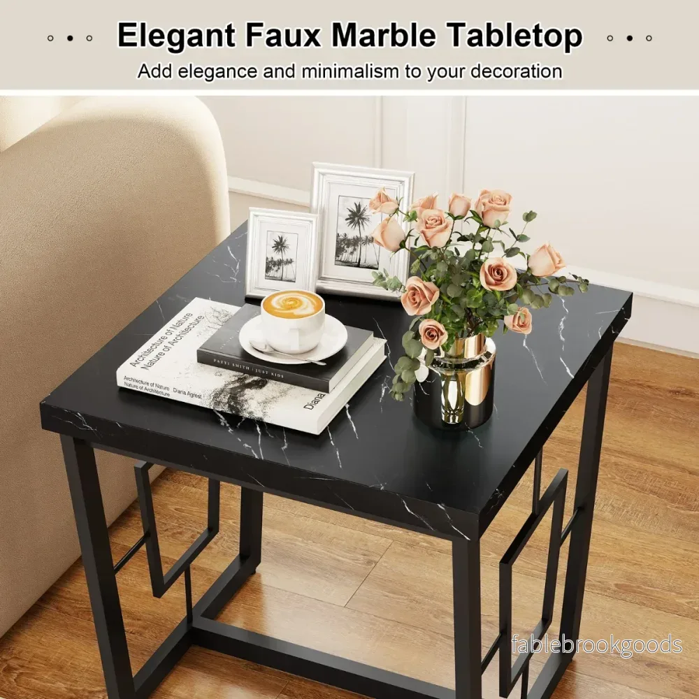Marmor – Kvadratisk Sidobord Modern Kaffebord med Bordsskiva – Svart - Bild 3