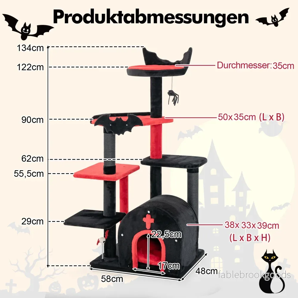 Klösträd – med klöspelare och kattgrotta plattformar kattträd klätterträd – 134 cm – Röd och svart - Bild 2