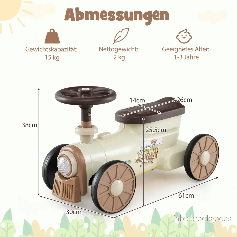 Rutschkälke – med ratt och dragpipa ljudknapp förvaringsutrymme under sitsen barnbil – 61 x 30 x 38 cm – Beige - Bild 2