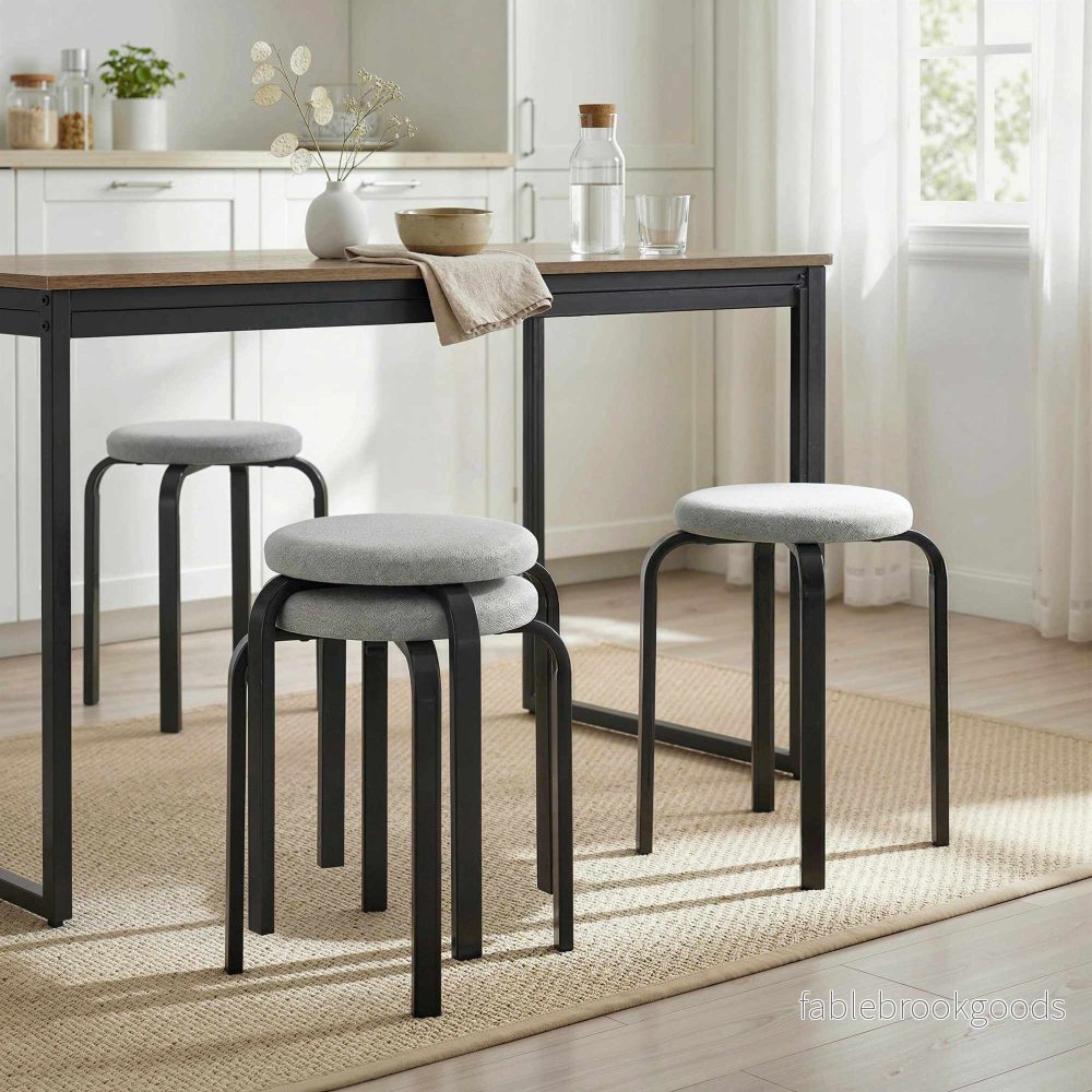 Stapelbara runda pallar set om 4, vadderade, grå - Bild 2