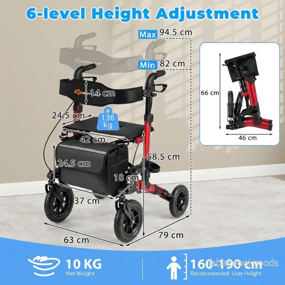 i – rullstol och reserullator med sittplats upp till Hopfällbar rollator Aluminium gånghjälpmedel – 2 1 136 kg – Röd - Bild 2