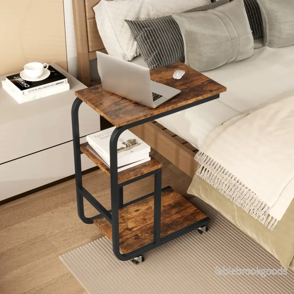Set – med C formade sidobord öppna hyllor och låsbara hjul Utrymmesbesparande – 2 – Rustik brun - Bild 3