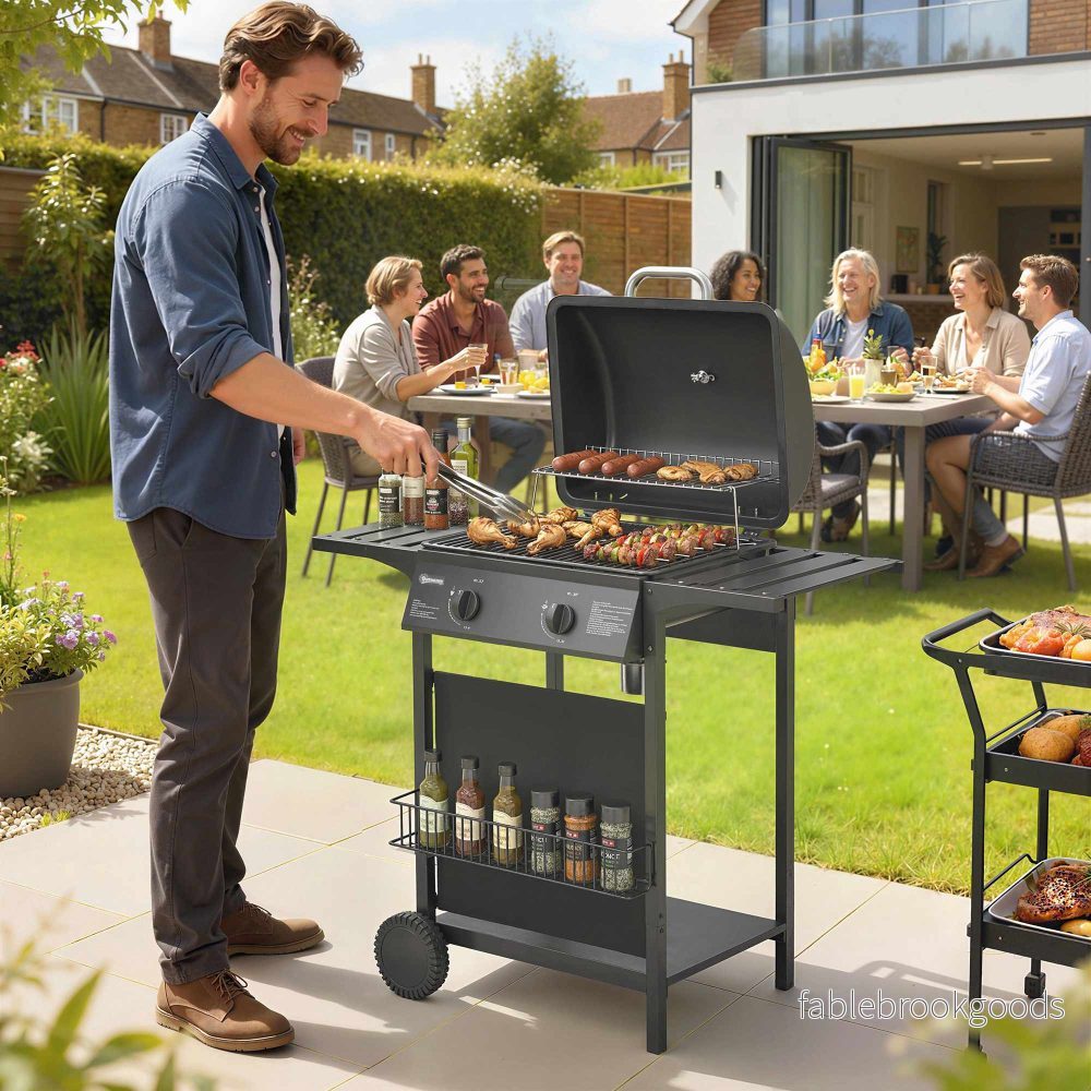 Gasgrill 5kW, 2 brännare, rostfritt stål, sidobord - Bild 2