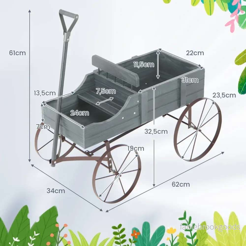 Blomsterställ – Trävagn Växtvagn Blomstervagn med metallhjul – 62 x 34 x 60 cm – Grå - Bild 2