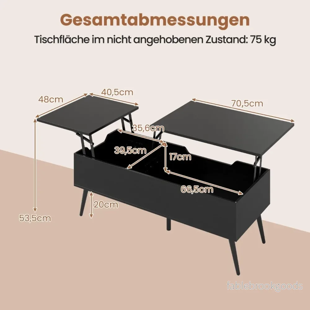 Höj – och sänkbar soffbord med lyftbar bordsskiva dolda förvaringsfack sidobord – 2 – Svart - Bild 2
