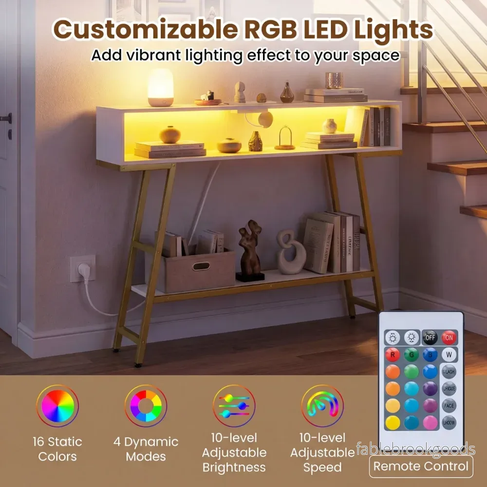 Konsolbord – med LED belysning och laddstation nivåers entrébord Smalt soffbord – 3 – Vit - Bild 3