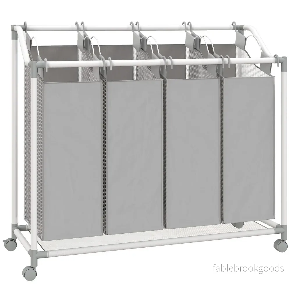 Tvättkorg med 4 avtagbara påsar, 160 liter, hjul, grå