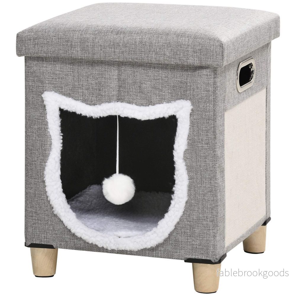 Cat Cave Ottoman med kudde och skrapboll, Anti-Slip Grå