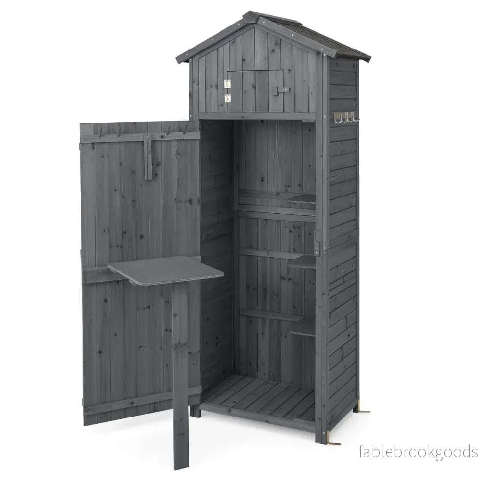 Trädgårdsskjul – högt redskapsskåp för utomhusbruk med låsbara dörrar och fällbart bord – 180,5 cm – Grå