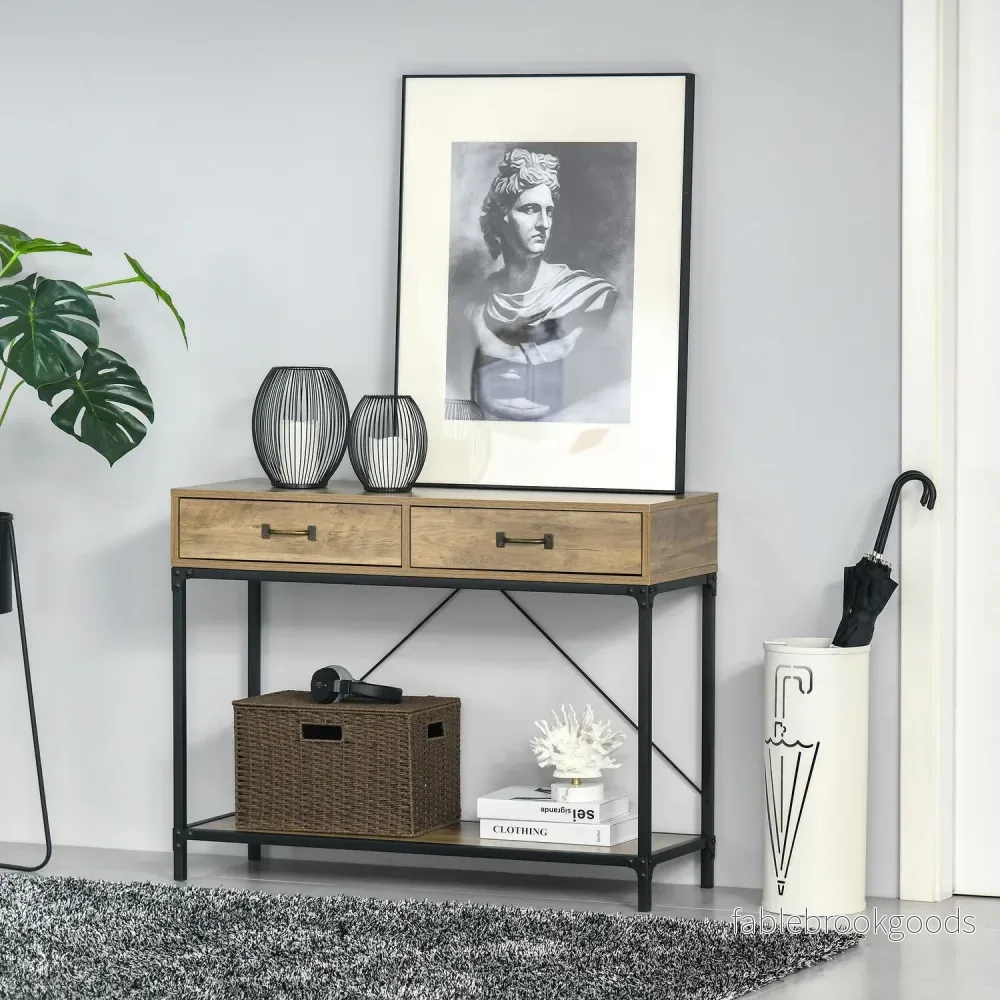 Vintage brunt konsolbord, 2 lådor & bottenhylla - Bild 2
