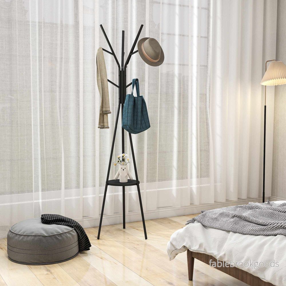 Svart klädhängare med hyllplan och 8 krokar, modern design - Bild 2