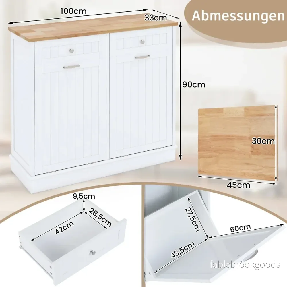 Soptunna – med dörrar, skärbräda, träbänkskiva och lådor – 2 2 – Vit - Bild 2