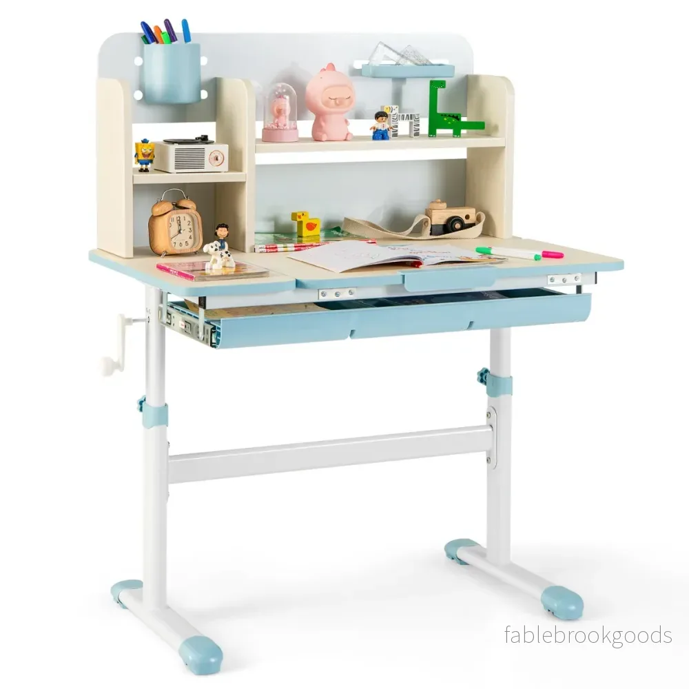 Höjjusterbart – barnskrivbord + set, studiebord, tonårsstol, blått. – Blå