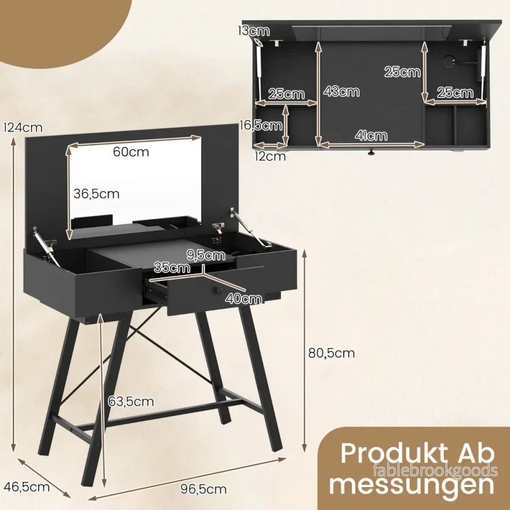Sminkbord – med stort spegel och laddstation fälllock låda kosmetikbord – Svart - Bild 2