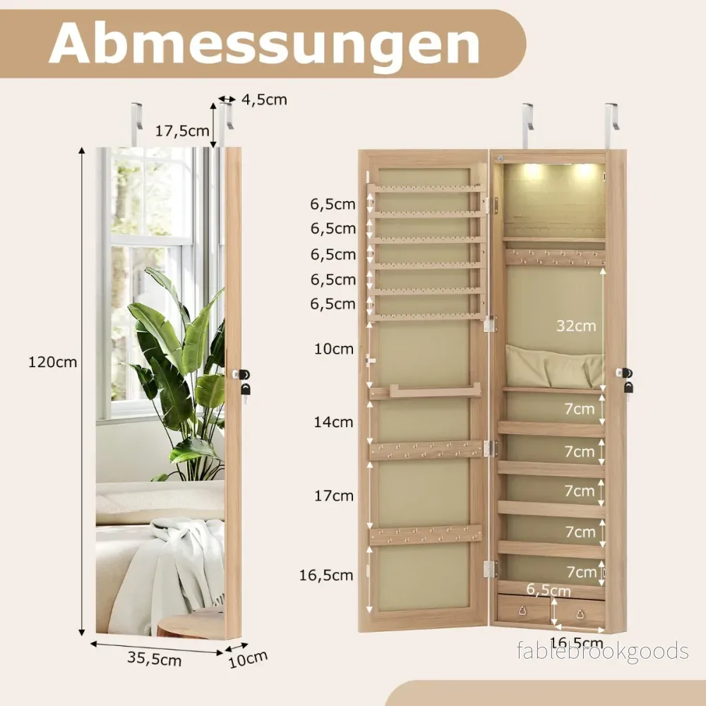 Smyckeskåp – med LED belysning Smyckeshylla spegel Låsbar – Beige - Bild 2